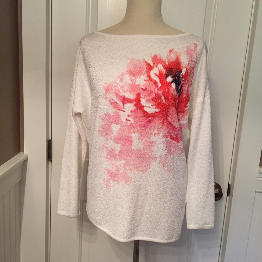 ST. JOHN SWEATER WHITE PINK FLOWER BOAT NECK LONG SLEEVE STUNNING size P or S